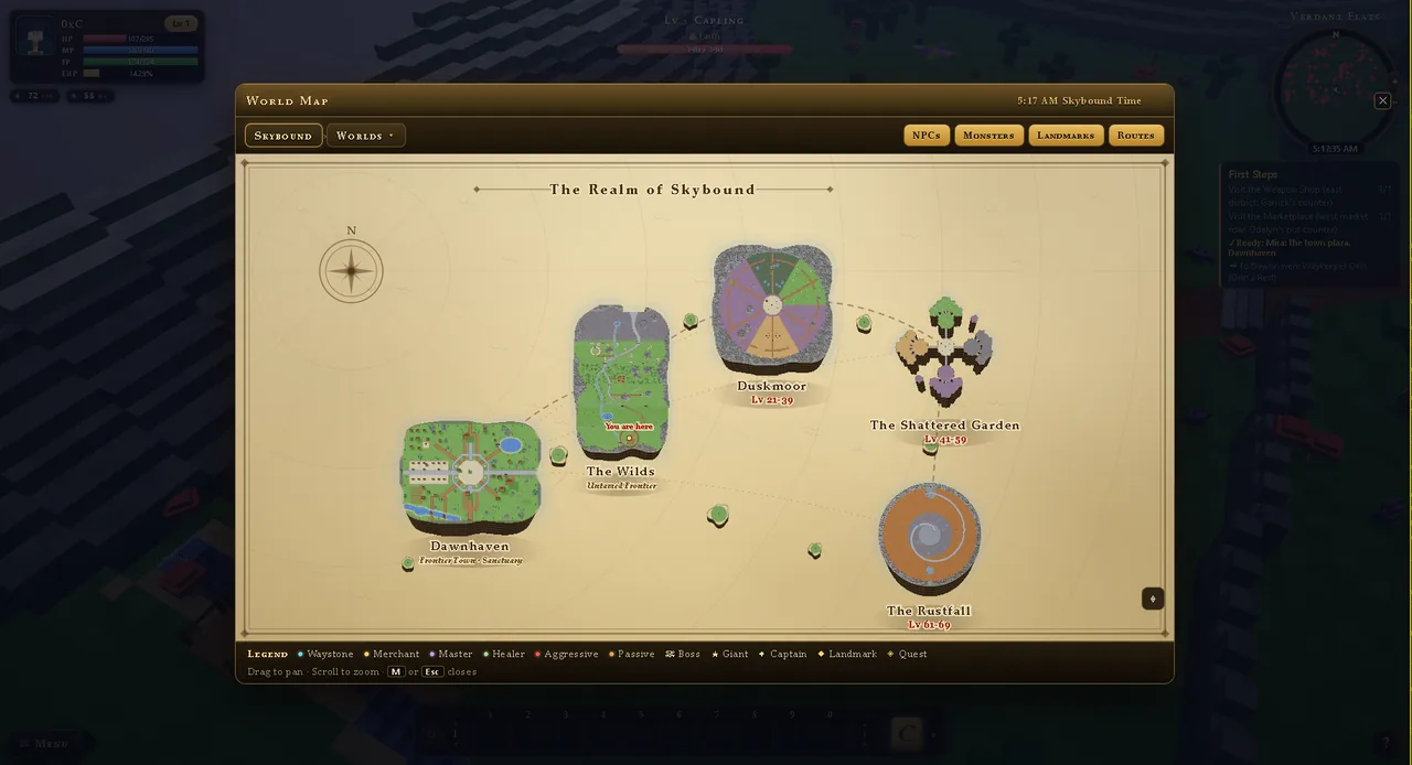 The World Map window open over the game, charting Dawnhaven, the Wilds, Duskmoor, the Shattered Garden and the Rustfall, with a You are here marker.