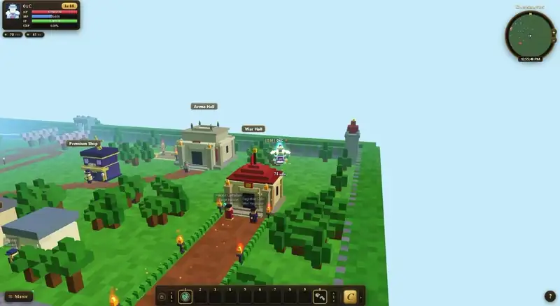 Flying over Dawnhaven in daylight: the octagonal plaza and Town Statue, the clocktower and Masters' Hall behind it, avenues running out to each gate.