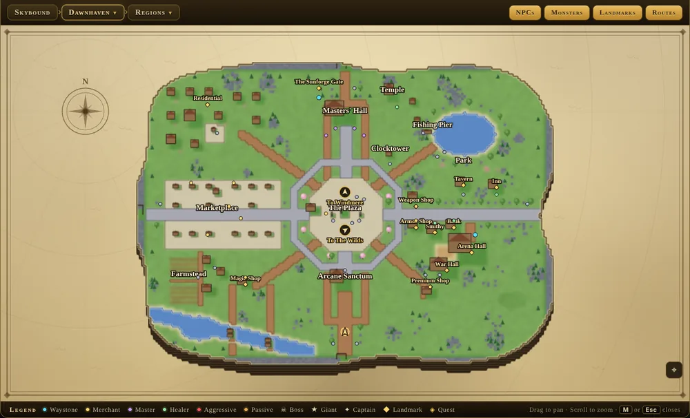 The in-game World Map of Dawnhaven, showing its named quarters, the waystones and the townsfolk.