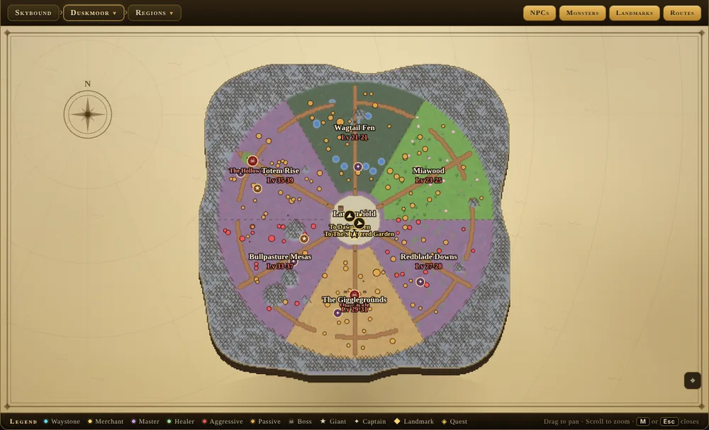 The in-game World Map of Duskmoor, showing each region with its level band, monster spawns as dots, captains and bosses marked, and the waystones.