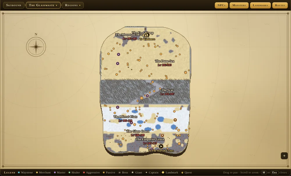 The in-game World Map of the Glasswaste, showing each region with its level band, monster spawns as dots, captains and bosses marked, and the waystones.