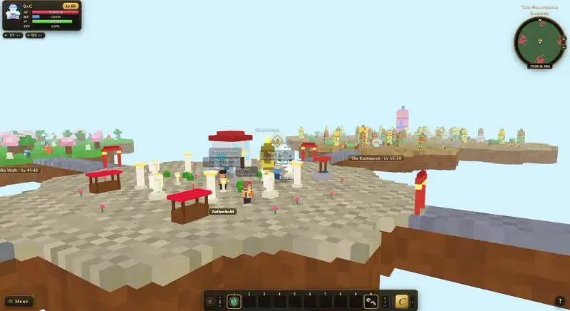 Aetherhold: a stone isle of white columns and market stalls floating in open sky, with a bridge running out to the next isle.
