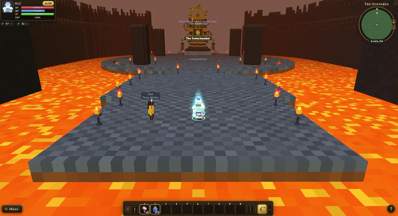 Inside the Sunforge: a stone causeway between molten channels, running to Aurelion's gear-throne at the far end of the hall.