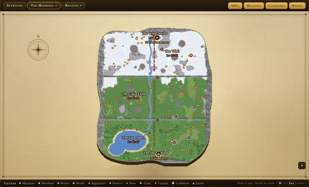 The in-game World Map of the Highfell, showing each region with its level band, monster spawns as dots, captains and bosses marked, and the waystones.