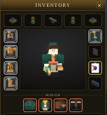 The equipment doll with gear in every slot, several carrying a +10 badge, and the four fashion slots along the bottom.