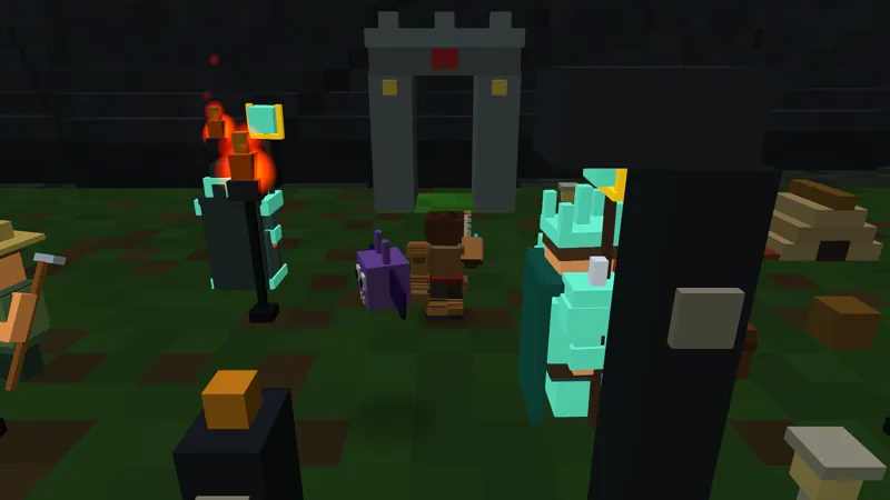 The Sunken Marches landing camp: a dark stone gatehouse, torches and the waystone keepers at dusk.