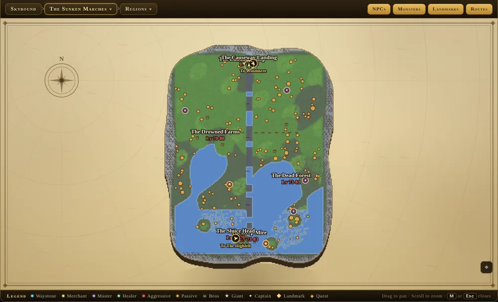 The in-game World Map of the Sunken Marches, showing each region with its level band, monster spawns as dots, captains and bosses marked, and the waystones.