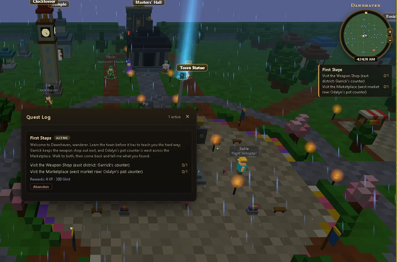 The Quest Log window showing First Steps as active, its two objectives with progress counters, its reward line and an Abandon button.