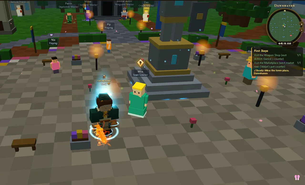 Mira the Town Greeter in Dawnhaven's plaza with a gold marker floating above her head, the four job Masters visible behind her.