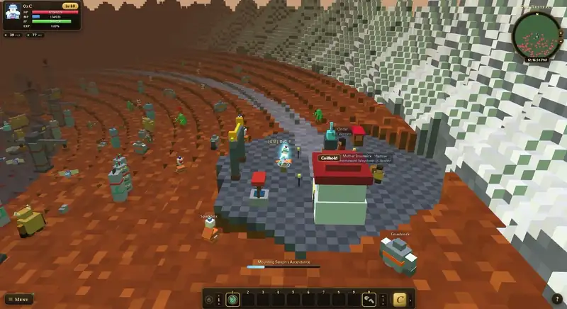 Inside the Rustfall caldera: rust-red terraces ringing down toward the floor, scrap machinery on the ledges and creatures working every level.