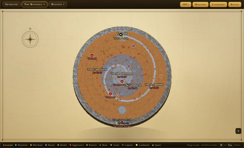 The in-game World Map of the Rustfall, showing each region with its level band, monster spawns as dots, captains and bosses marked, and the waystones.