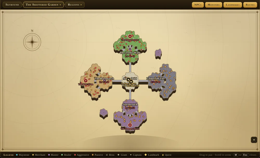 The in-game World Map of the Shattered Garden, showing each region with its level band, monster spawns as dots, captains and bosses marked, and the waystones.