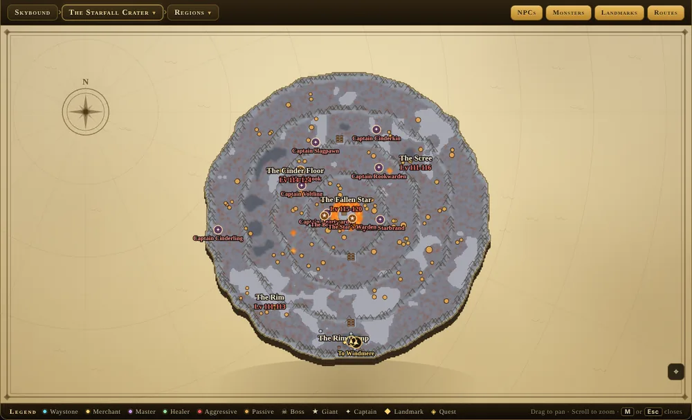 The in-game World Map of the Starfall Crater, showing each region with its level band, monster spawns as dots, captains and bosses marked, and the waystones.