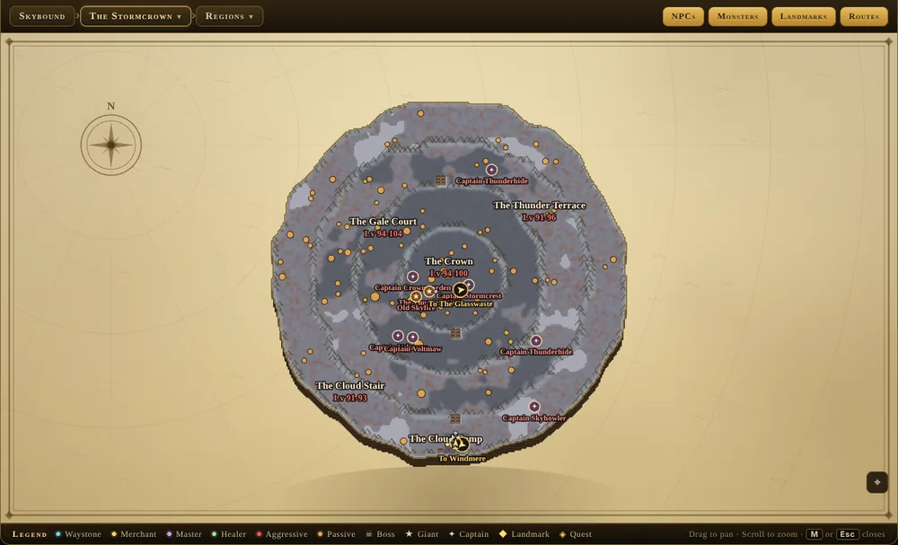 The in-game World Map of the Stormcrown, showing each region with its level band, monster spawns as dots, captains and bosses marked, and the waystones.