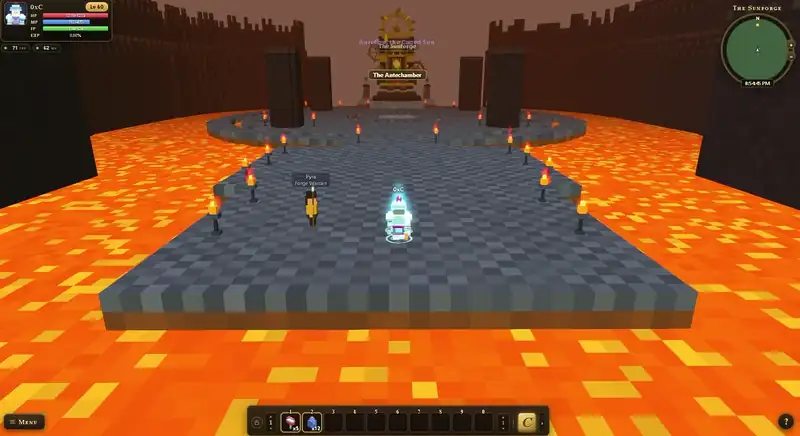 Inside the Sunforge: a stone causeway between molten channels, Pyra the Forge Warden beside it, and Aurelion seated on his gear-throne at the far end of the hall.