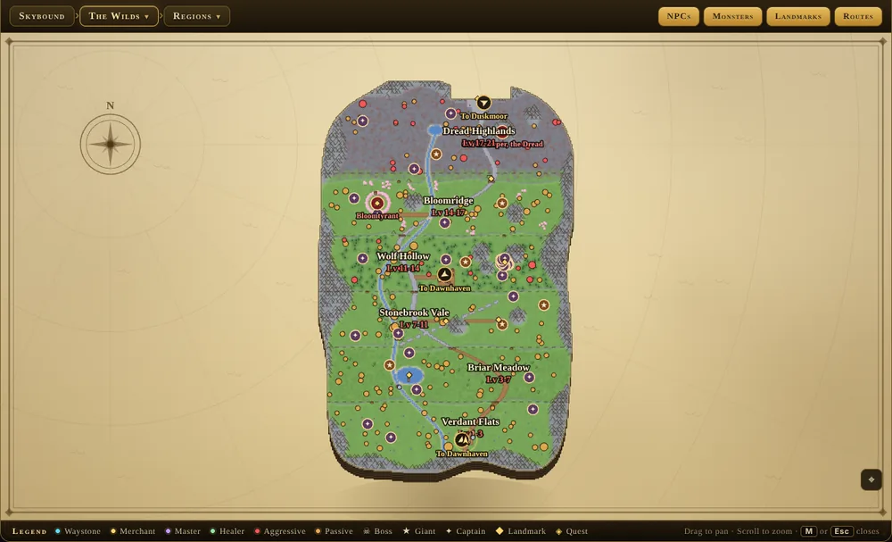 The in-game World Map of the Wilds, showing each region with its level band, monster spawns as dots, captains and bosses marked, and the waystones.