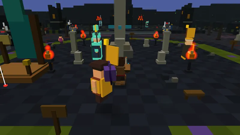 Windmere's arrival plaza at night: torches on stone posts, the spire behind, and townsfolk around the waystone.