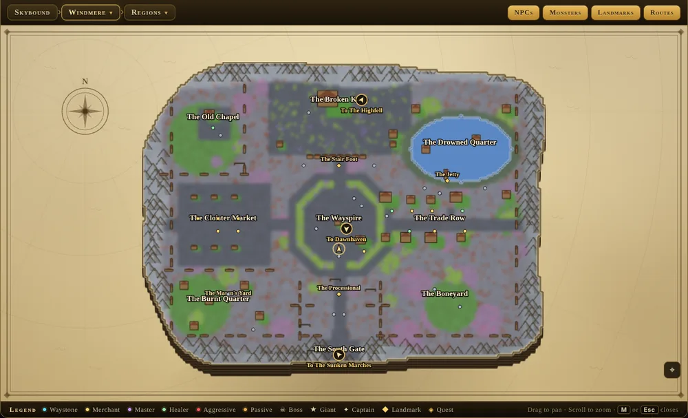 The in-game World Map of Windmere, showing its named quarters, the waystones and the townsfolk.